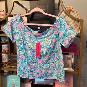 Lilly Pulitzer Off-Shoulder Top Pelican Pink Off The Scales - NEW